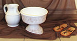 Ceramic wash basin, pitcher and sandals